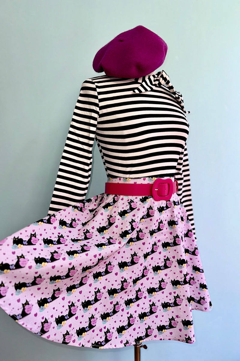 Pink Conversation Hearts and Black Cats Skater Skirt by Retrolicious