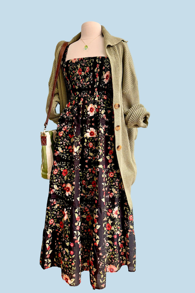 black floral smocked midi dress Black Floral Smocked Sleeveless Midi Dress – Modern Millie
