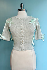 Mint Puff Sleeve Cardigan with Satin Bows