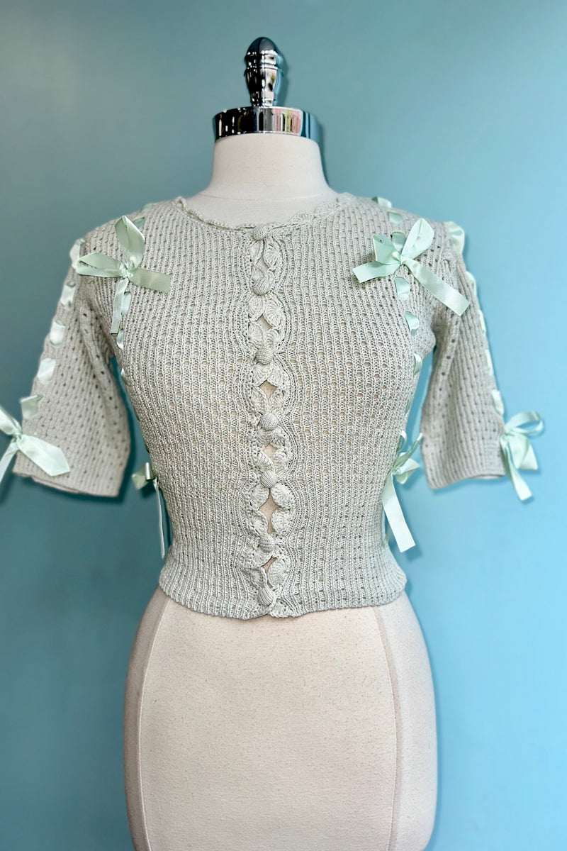 Mint Puff Sleeve Cardigan with Satin Bows