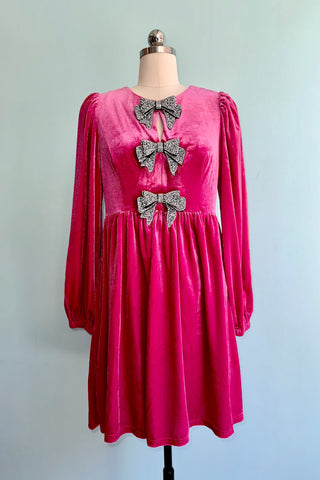 パーティードレス Pink Velvet Trim Dress Pink Velvet Rhinestone Bow Mini Dress – Modern Millie