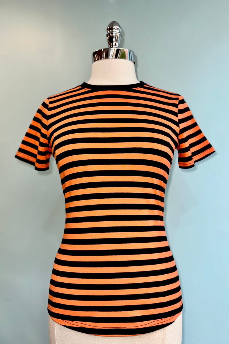 Black and Orange Striped Short Sleeve T-Shirt Top