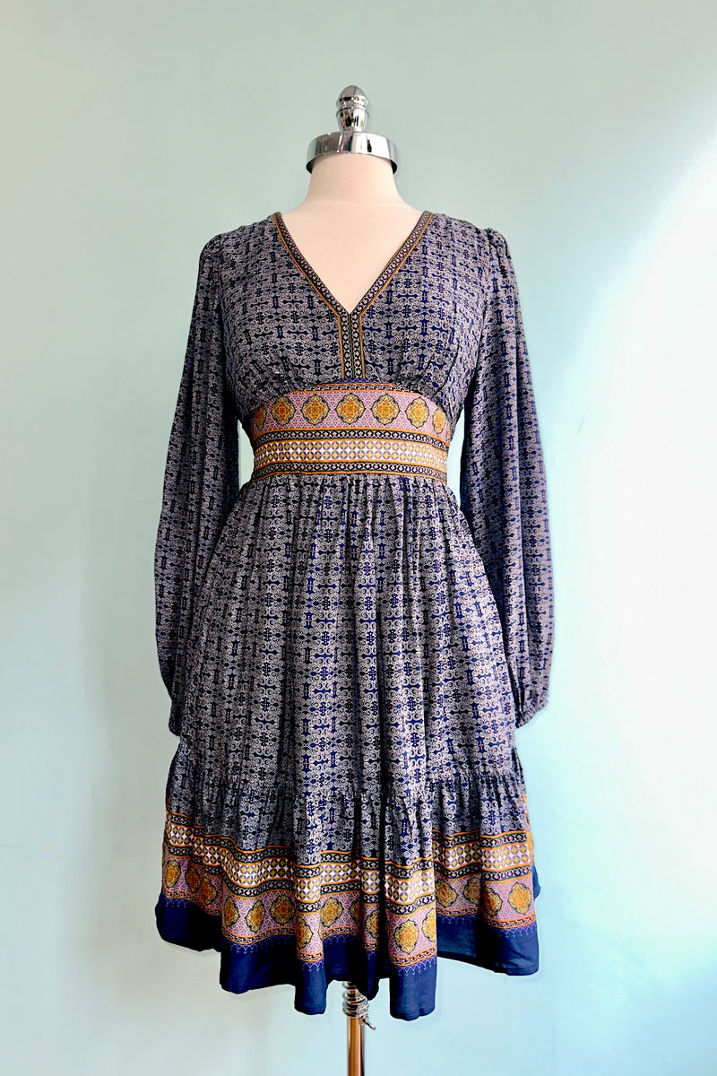 Border Print Mini Dress in Navy