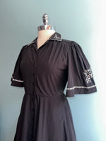 Black Embroidered Midi Dress with Wide Short Sleeves