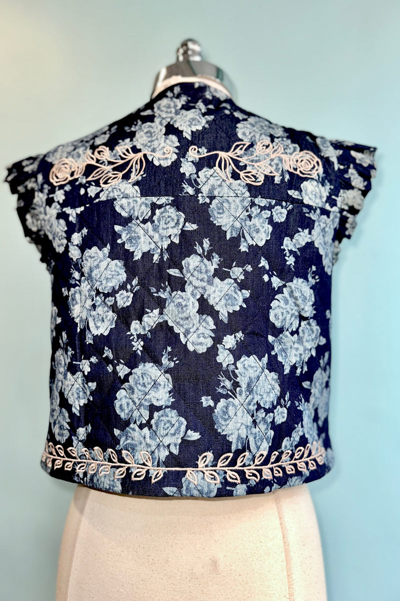 Floral Denim Quilted Tie Front Vest