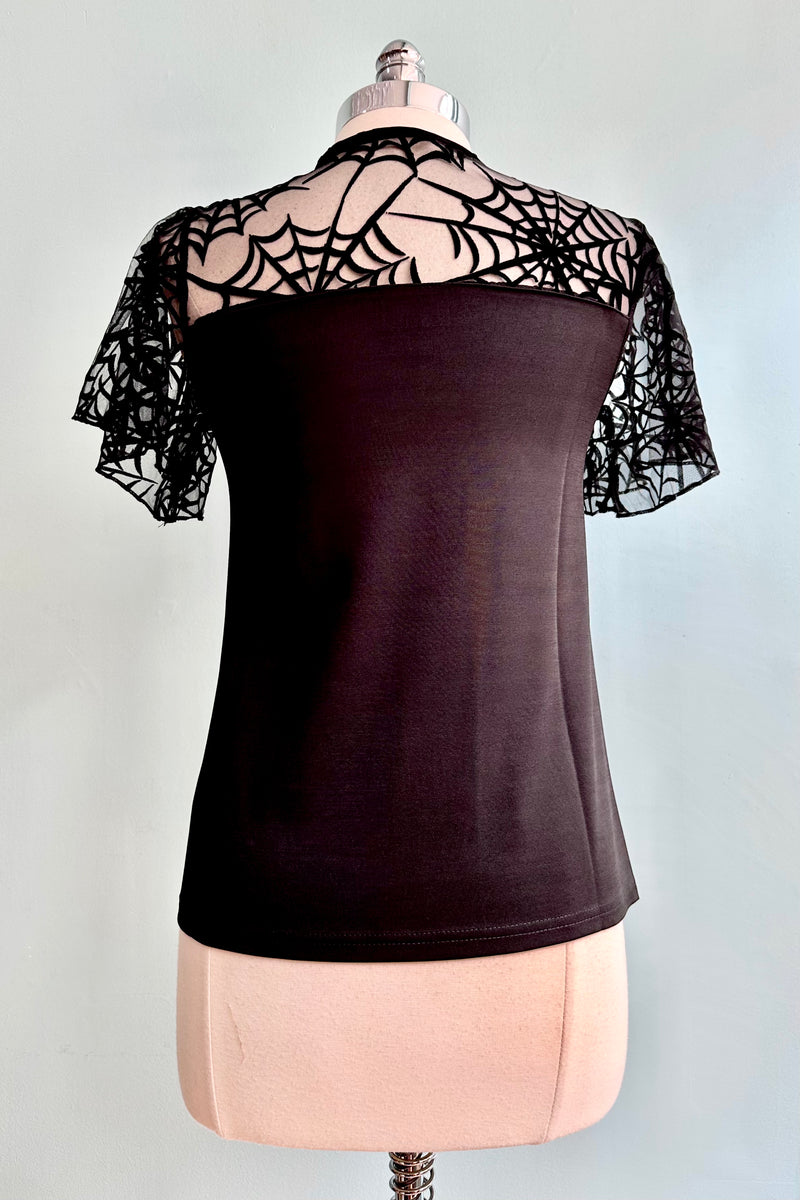 Flocked Spiderweb Flutter Sleeve Top with Brooch