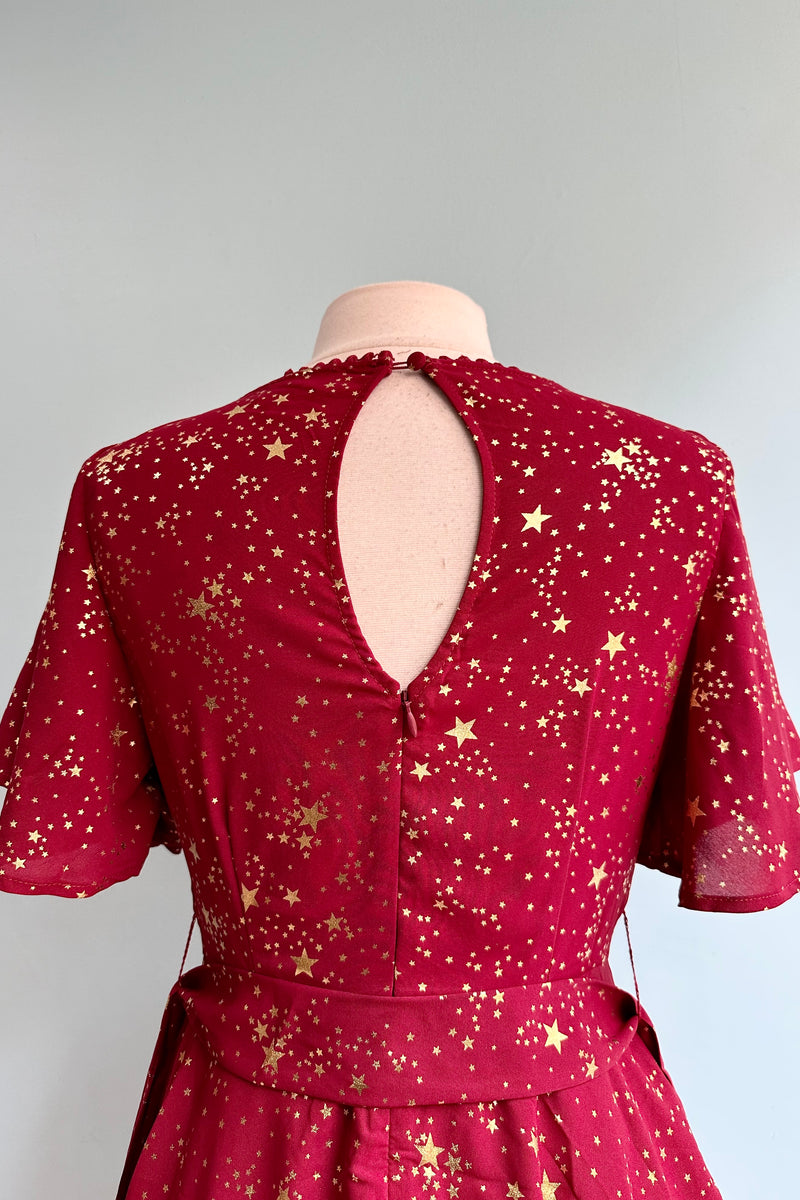 Red and Gold Star Flutter Sleeve Dress