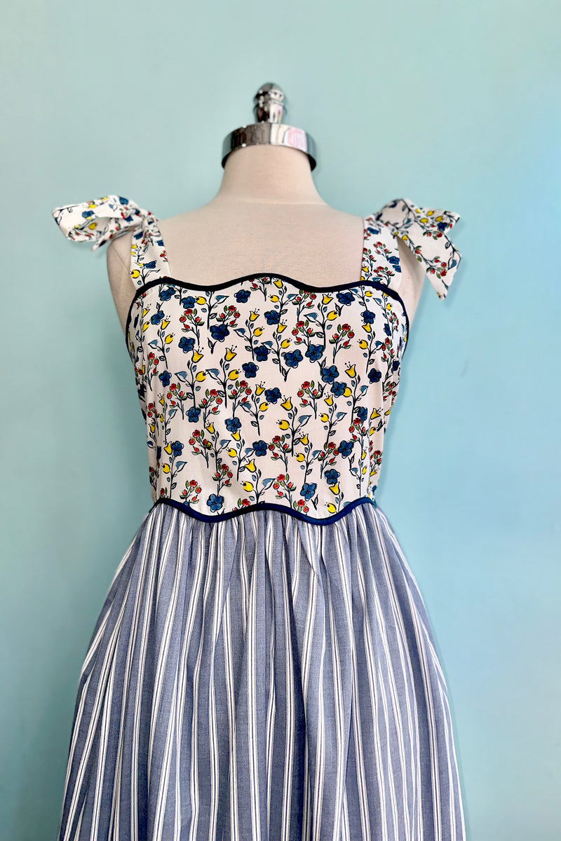 Blue Floral and Striped Print Midi Dress