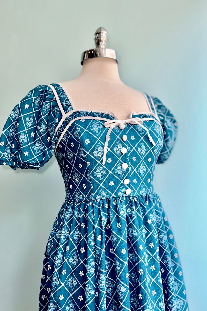 French Country Puff Sleeve Dress in Blue
