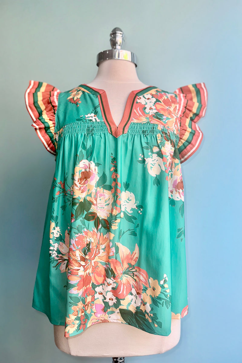 Turquoise and Orange Ruffle Sleeve Top