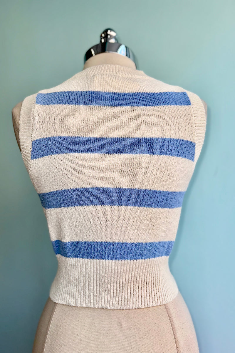 Blue and Ivory Striped Cropped Sweater Vest