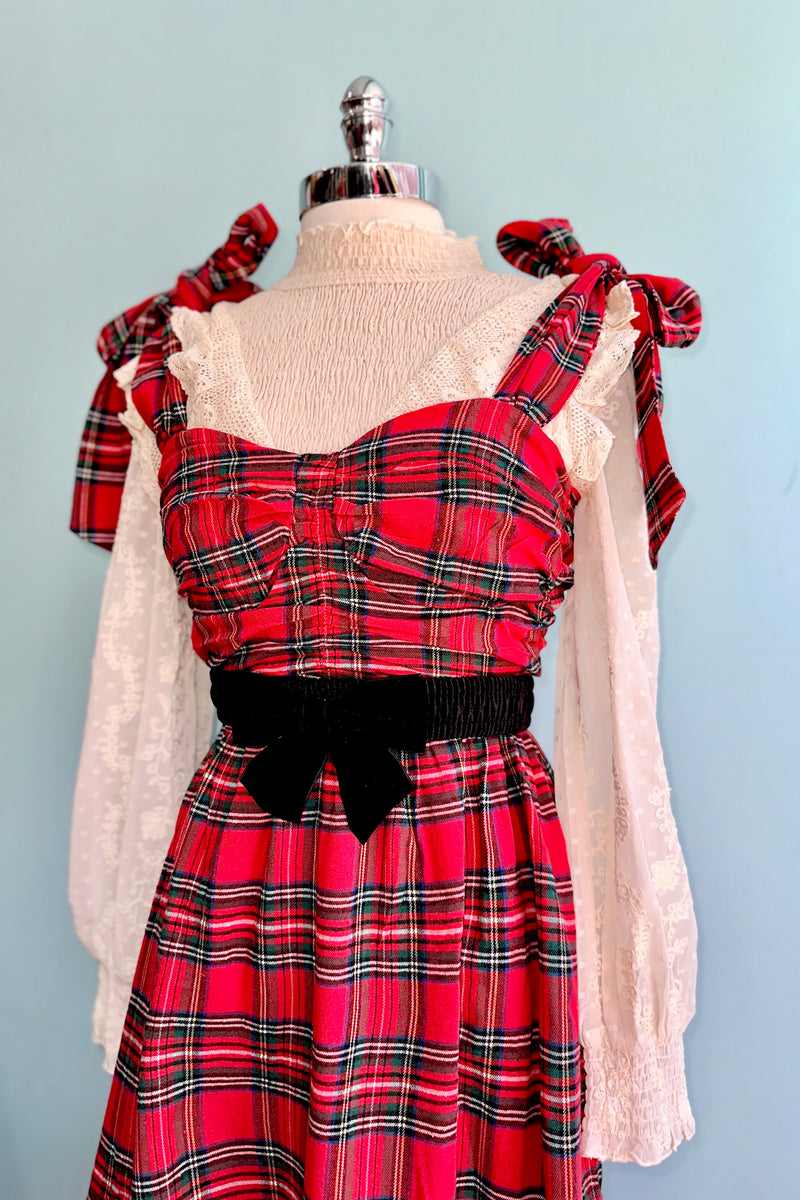 Red Plaid Tie Shoulder Midi Dress Large Red Plaid Tie Shoulder Midi Dress Large