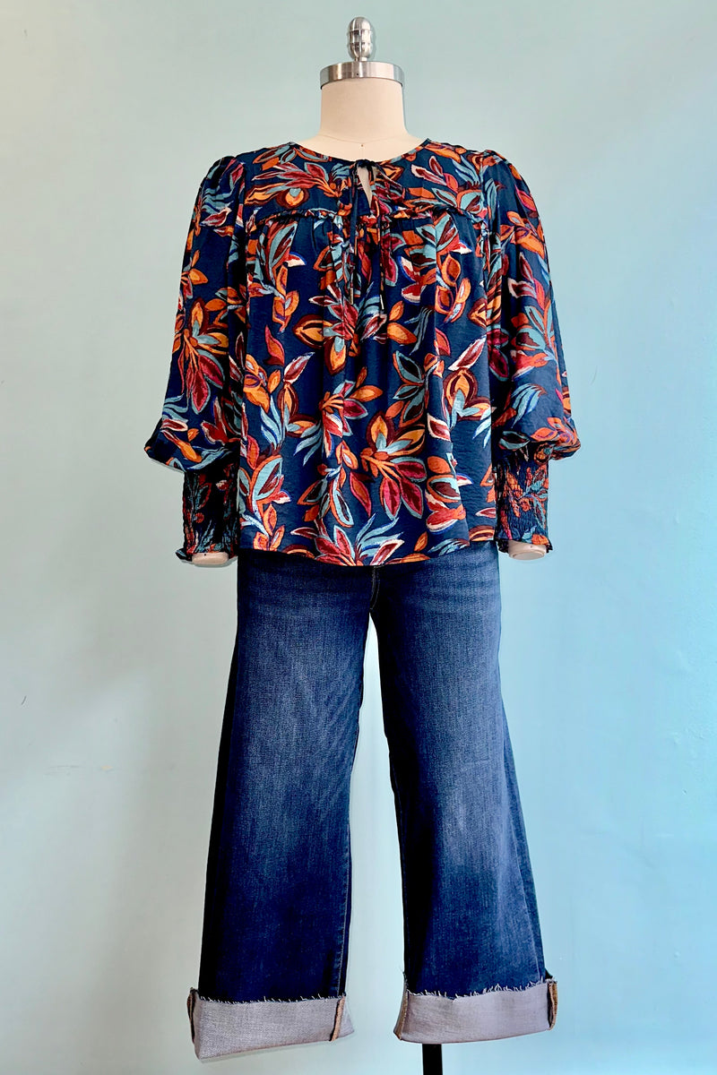 Indigo Leaf Print Long Sleeve Top