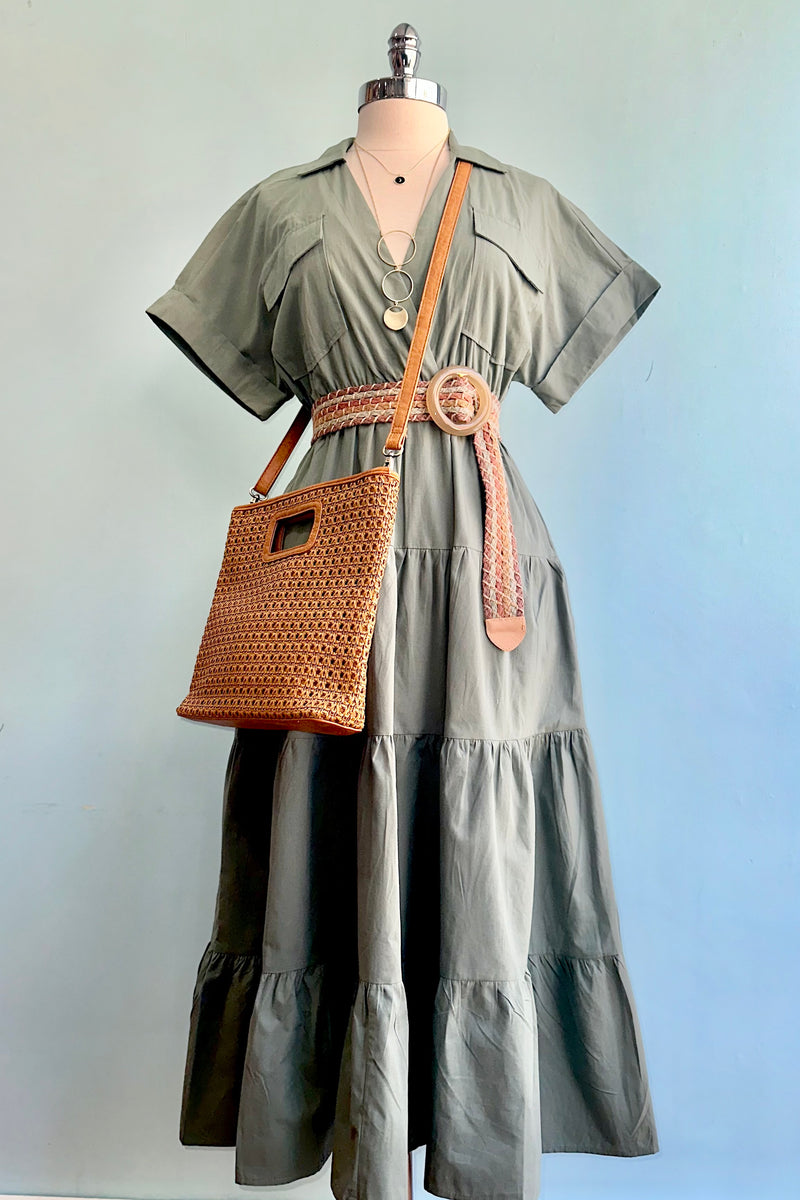 Sage Green Collared Cotton Midi Dress Medium Sage Green Collared Cotton Midi Dress Medium