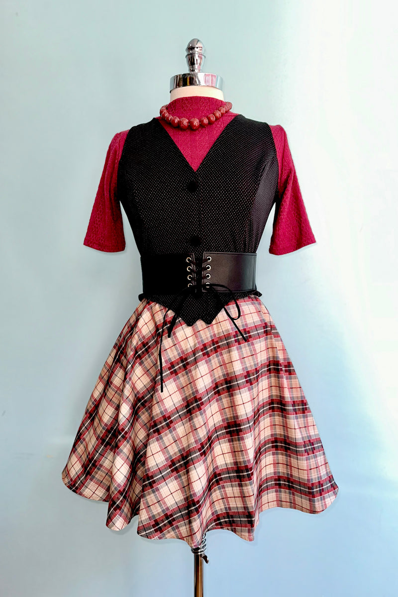 Burgundy and Tan Plaid Skater Skirt by Retrolicious