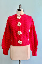 Red Knit Cardigan with Rosette Detail