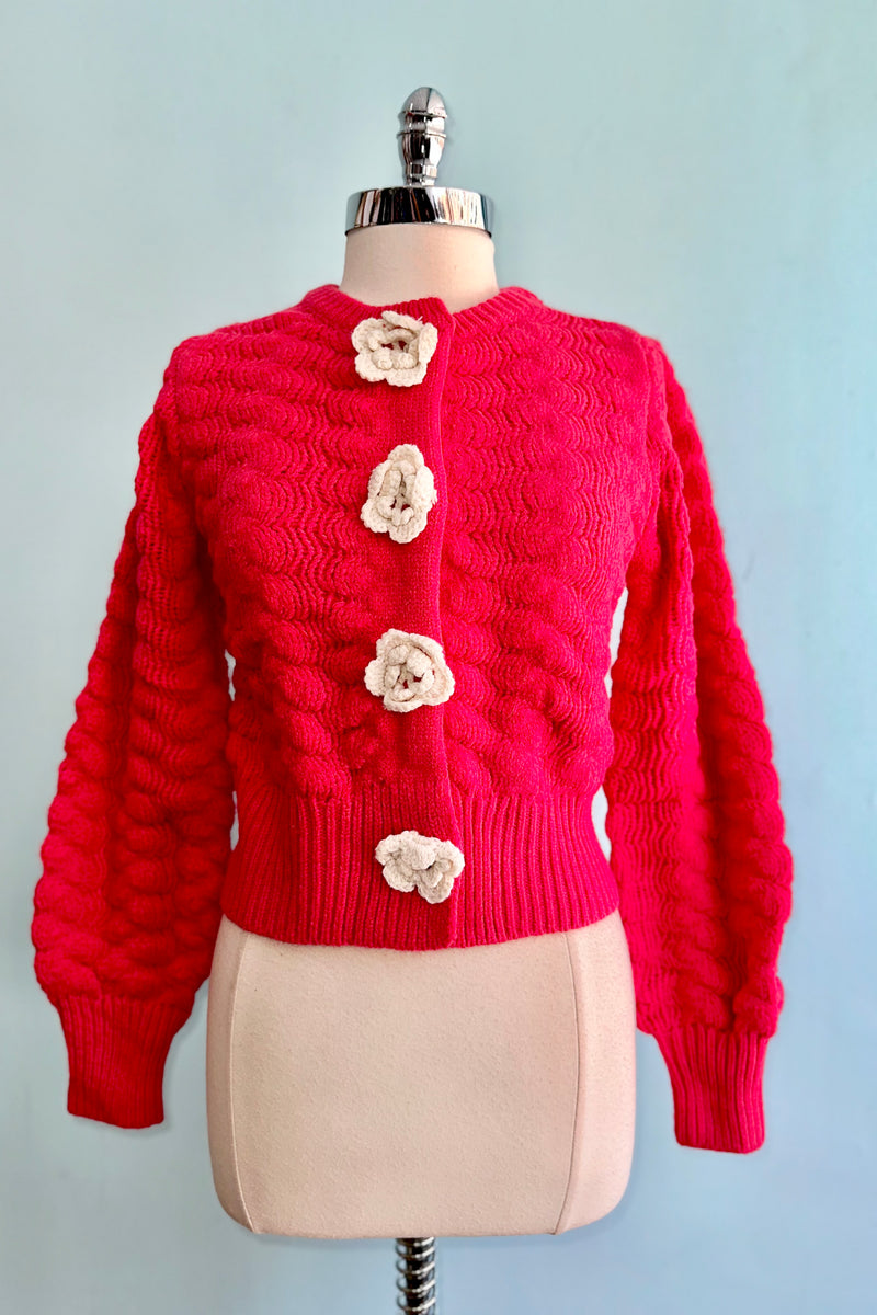 Red Knit Cardigan with Rosette Detail