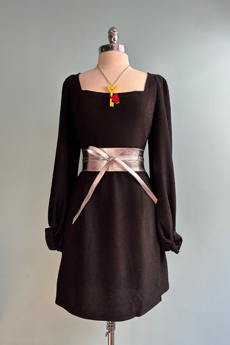 Black Metallic Balloon Sleeve Mini Dress by Molly Bracken