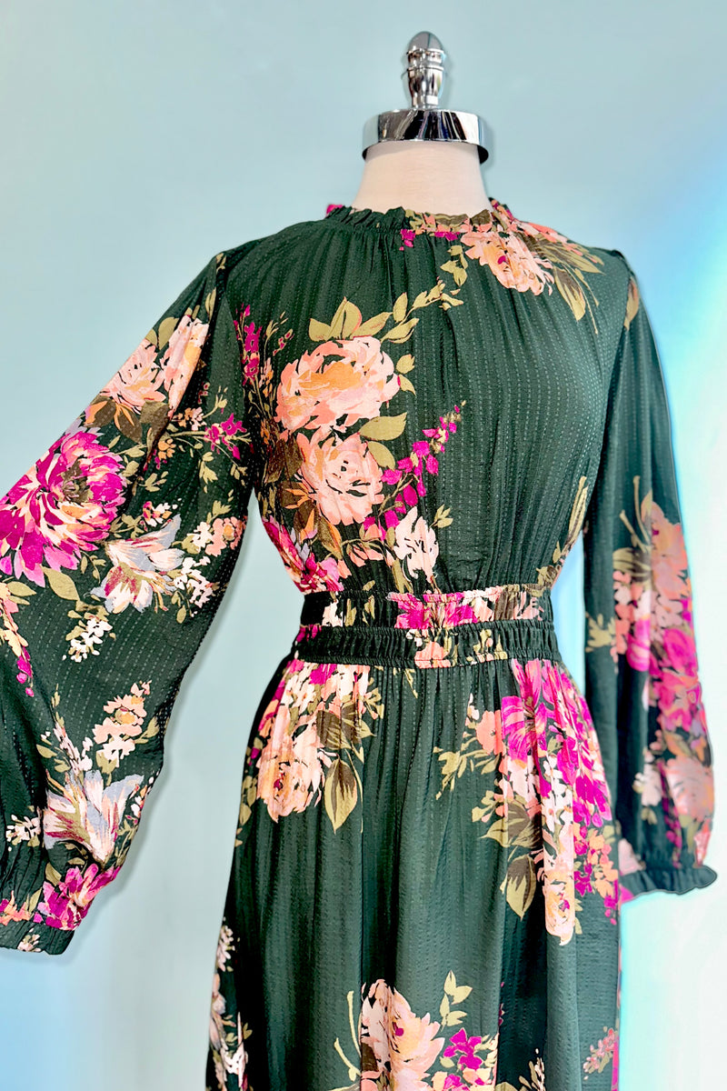 Emerald and Magenta Long Sleeve Midi Dress