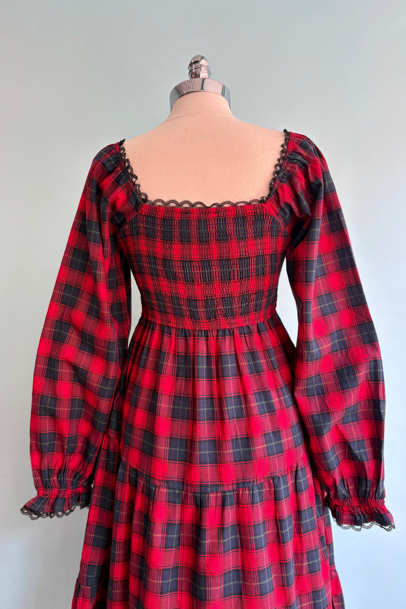 Red Plaid Lace Detail Smocked Maxi Dress Small Red Plaid Lace Detail Smocked Maxi Dress Small