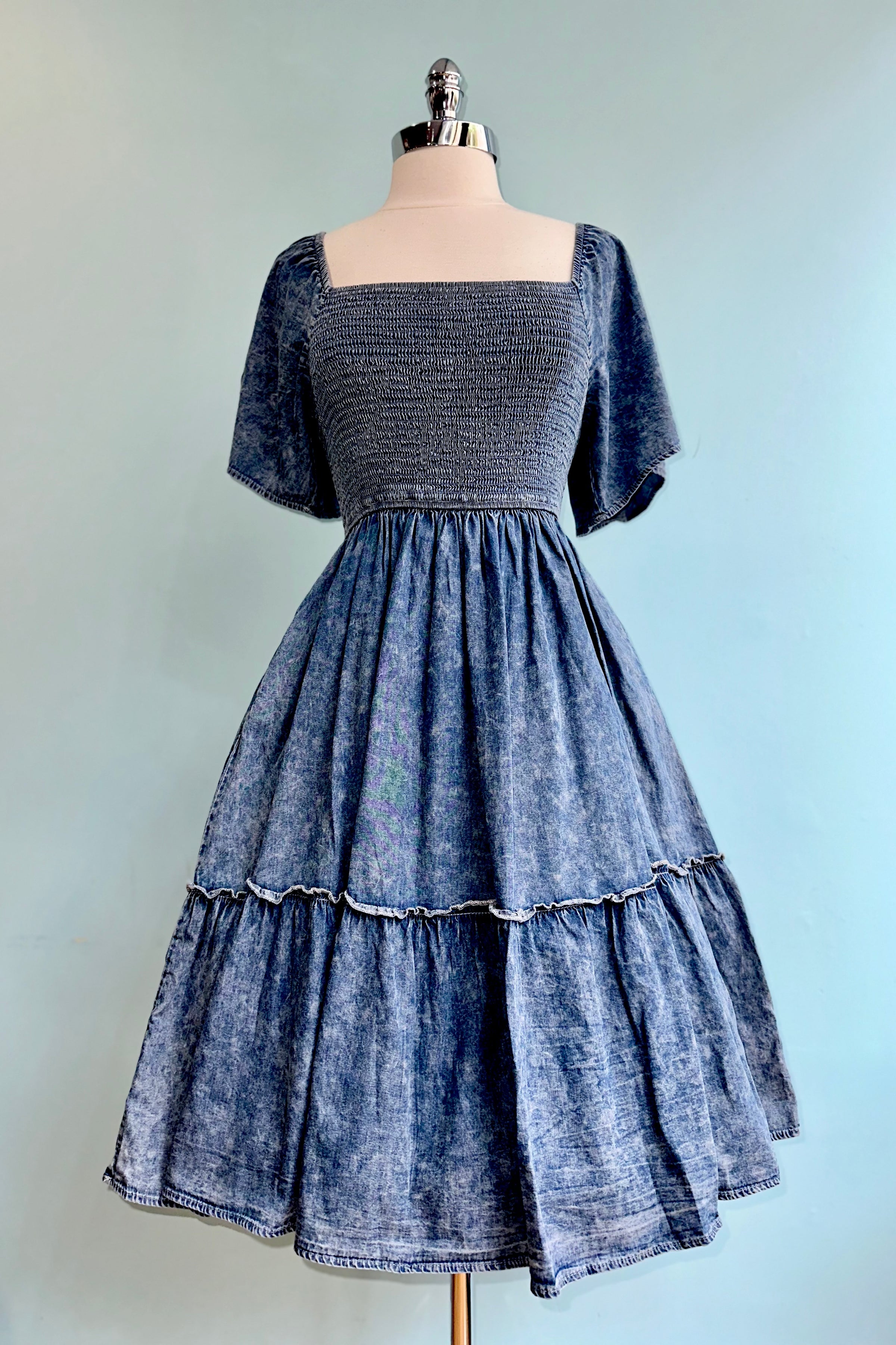 Denim Ruffle Sleeve Smocked Dress – Modern Millie