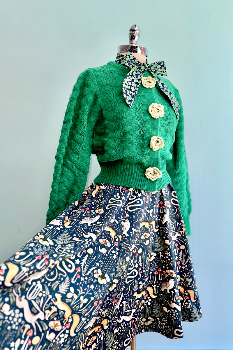 Green Knit Cardigan with Rosette Detail