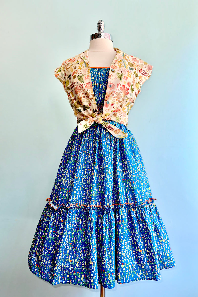 Turquoise Floral Smocked Waist Swing Dress