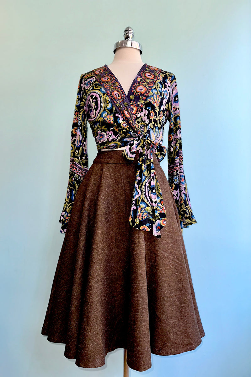 Wrap Top in Black and Lavender with Bell Sleeves by Angie