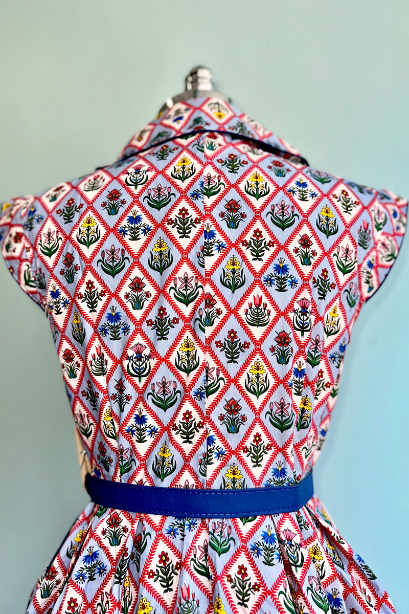 Blue Garden Floral Diamond Print Shirt Dress