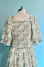 Green Toile Floral Smocked Bodice Midi Dress