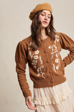 Puff Sleeve Embroidered Floral Cardigan in Tiramisu