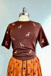 Brown Embroidered Deer Short Sleeve Sweater by Banned