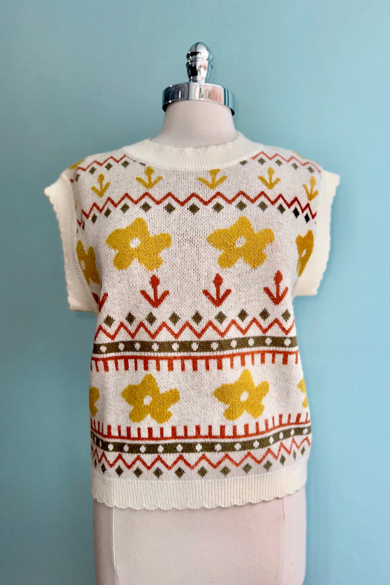 Ivory and Mustard Floral Sweater Vest