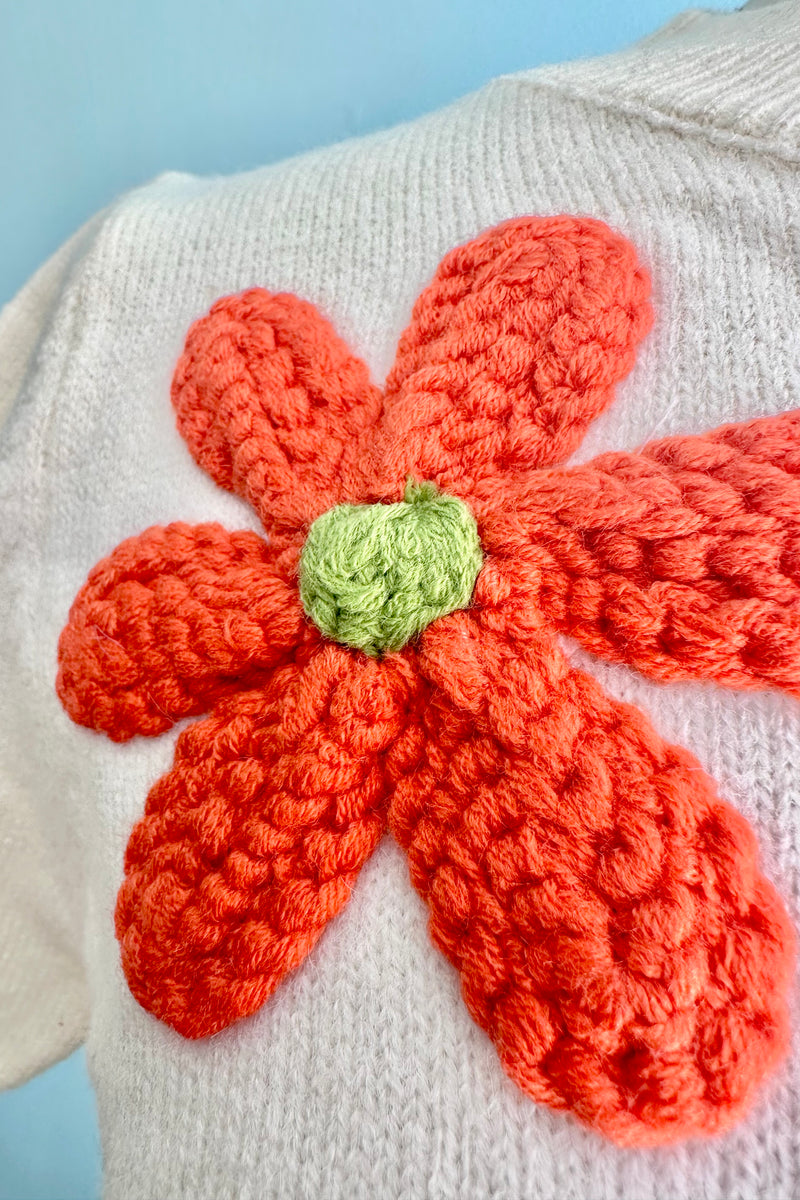 Ivory Short Sleeve Sweater with Embroidered Flowers