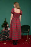 Red Plaid Smocked Puff Sleeve Midi Dress