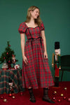 Red Plaid Smocked Puff Sleeve Midi Dress