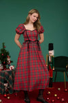Red Plaid Smocked Puff Sleeve Midi Dress
