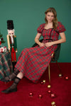 Red Plaid Smocked Puff Sleeve Midi Dress