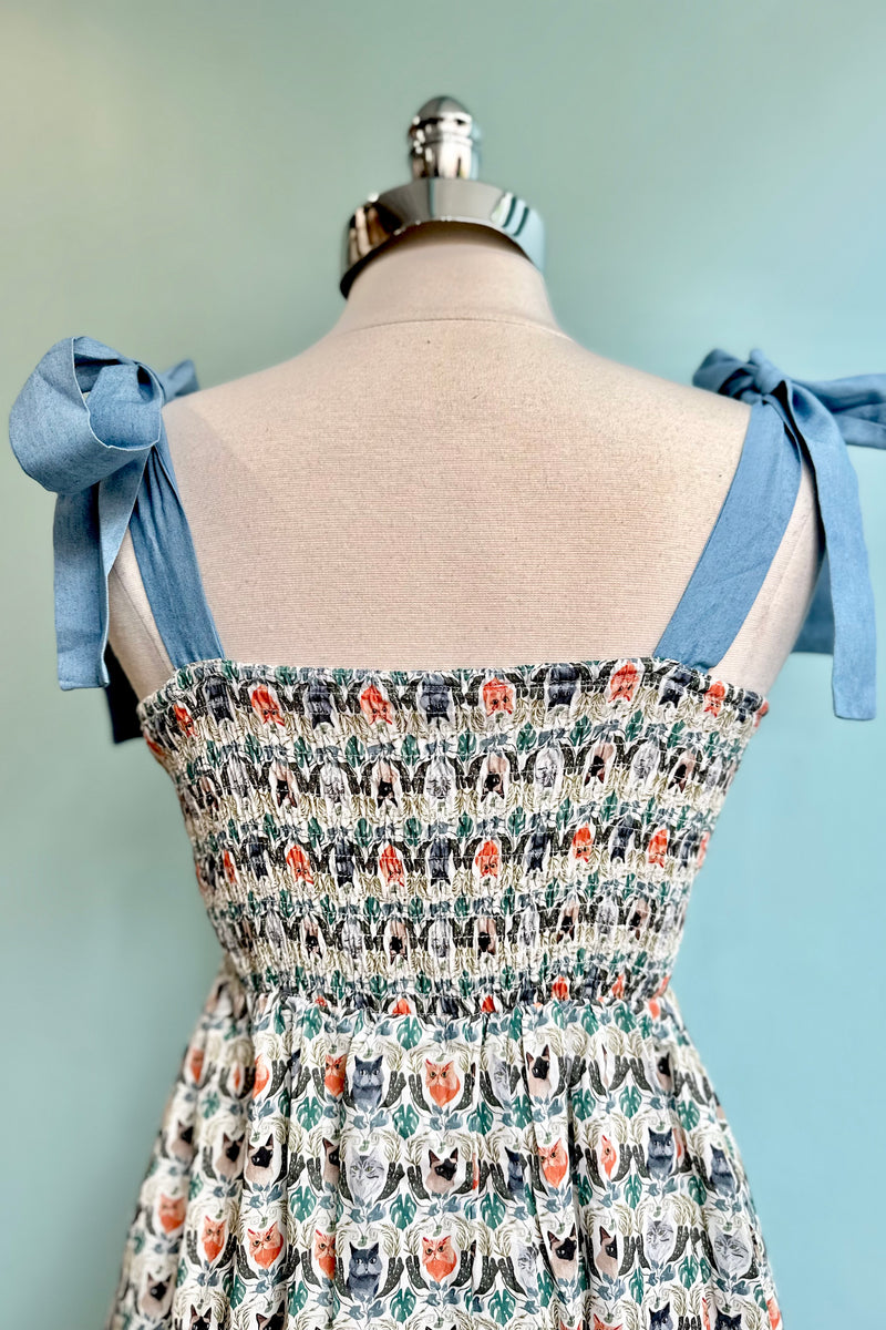 Cat Faces Tie Shoulder Smocked Midi Dress