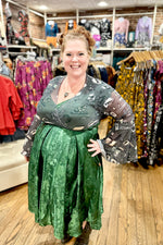 Emerald Brocade Tulip Sleeve Dress