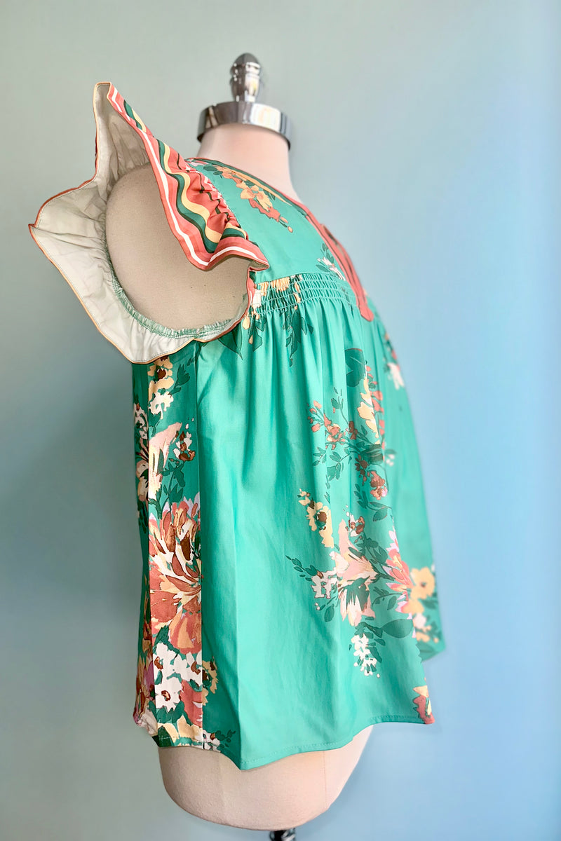 Turquoise and Orange Ruffle Sleeve Top