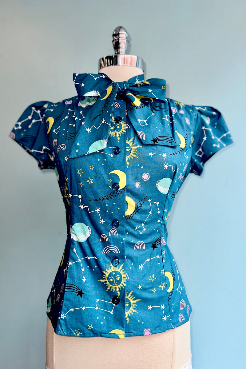 Teal Blue Constellations Estelle Tie-Neck Blouse by Heart of Haute