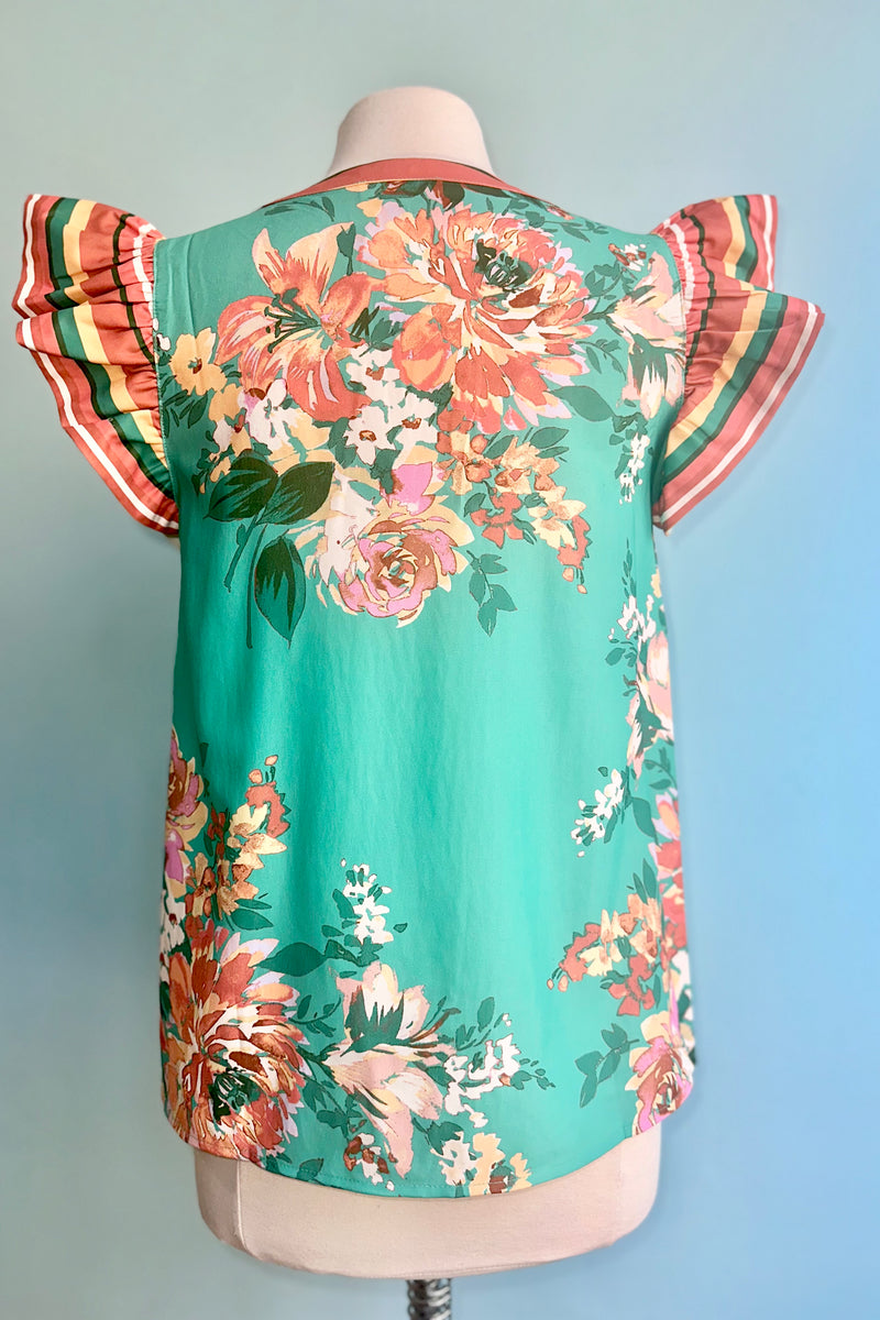 Turquoise and Orange Ruffle Sleeve Top
