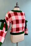 Holiday Check Sweater with Bow Detailed Sleeves
