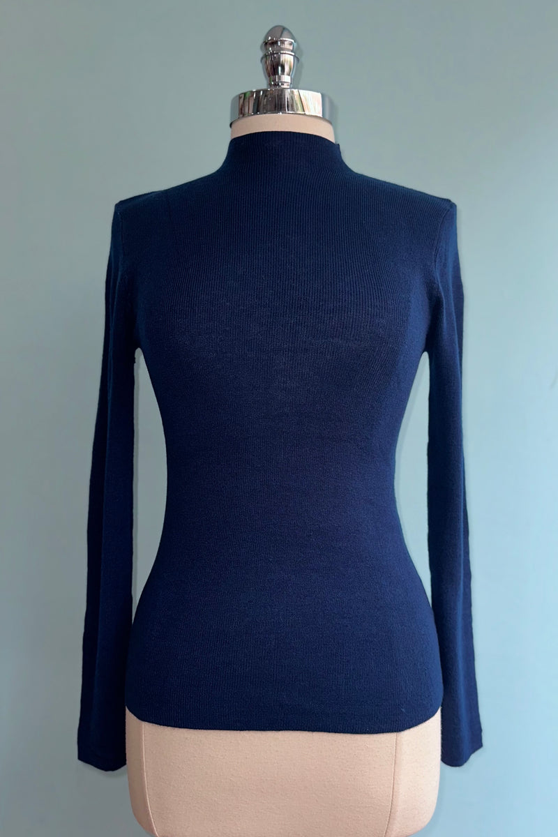 Navy Blue Ribbed Mock Neck Sweater by Compania Fantastica