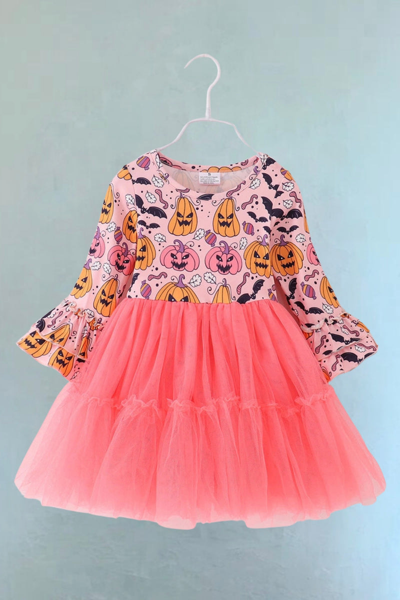 Jack O' Lantern Tulle Halloween Kids Dress in Pink