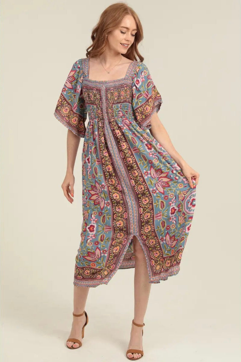 Ruffle Sleeve Boho Smocked Midi Dress Medium Ruffle Sleeve Boho Smocked Midi Dress Medium