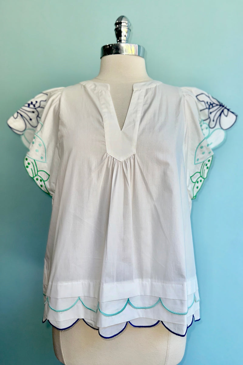 Blue Embroidered Sleeve White Poplin Top