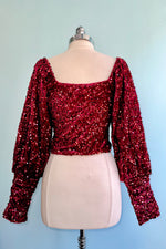 Burgundy Sequin Square Neck Puff Sleeve Top