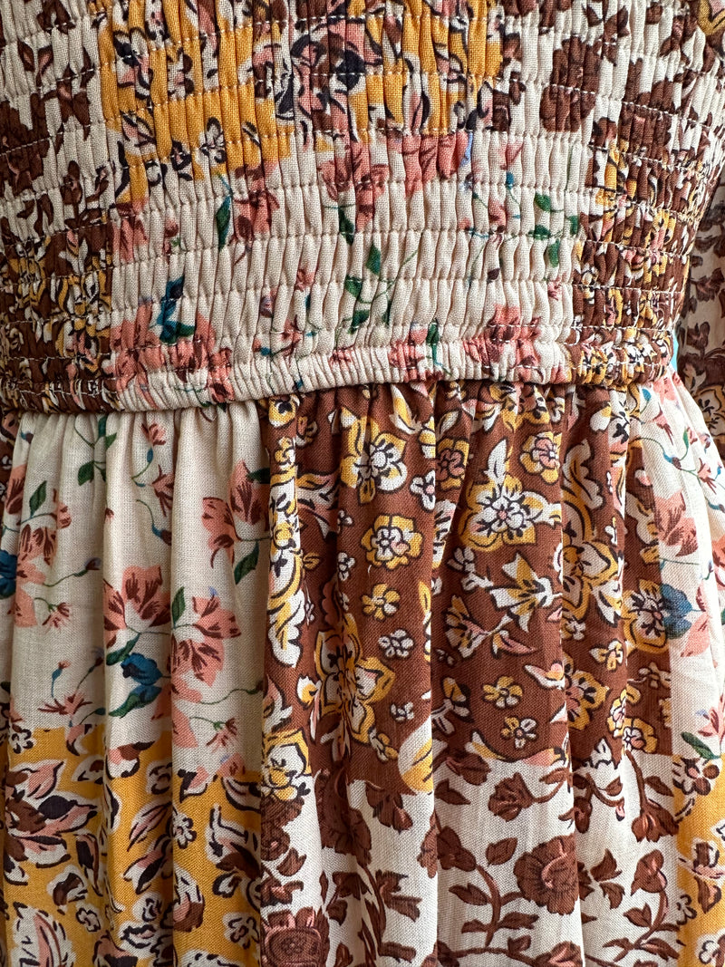 Brown and Mustard Floral Patchwork Midi Dress